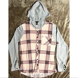 Small Pink and Gray Button Down Hooded Flannel-05